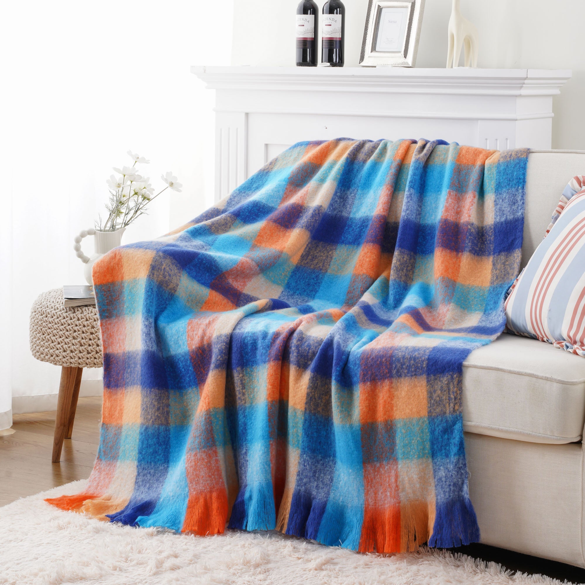Multi-Blue Mohair Plaid Blanket